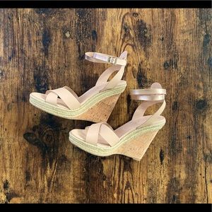 Charles by Charles David ankle strap platform wedge sandal, size 8, beige/nude